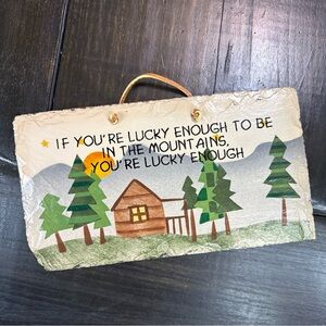 Rustic 1999 Plain Jane Mountain CabinTrees Scene Slate Hanging Plaque Decor